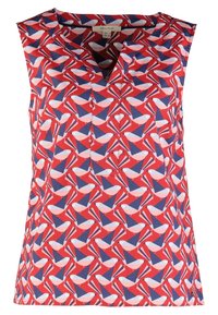 Ärmelloses Top mit einem geometrischen Vogelmuster in Rot, Weiß und Blau. V-Ausschnitt-Design mit einer subtilen Falten-Detail an der Vorderseite.