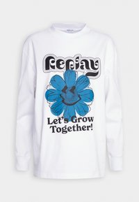 Weißes Langarm-T-Shirt mit einem blauen Blumenmotiv und dem Text "Lass uns gemeinsam wachsen!" in schwarzer Schrift. Aus weichem Baumwollmaterial.