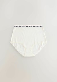 Culotte blanche taille haute pour femmes avec une ceinture noire ornée du texte "NEXT" répété, présentée à plat sur un fond clair.
