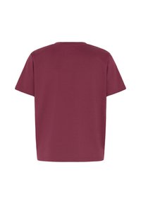 T-shirt uni bordeaux à manches courtes montré de dos, sans logos, motifs ou dessins visibles.