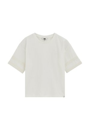 Witte T-shirt met korte mouwen, ronde hals en kantafwerking nabij de mouwzomen, plat liggend op een witte achtergrond.