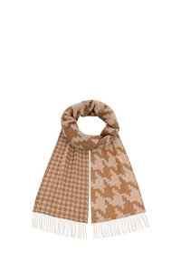 Brązowy szalik w wzór houndstooth, z miękką, tkane teksturą i krótkimi frędzlami, zwinięty w kształt nieskończoności.