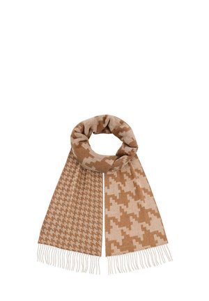 Brązowy szalik w wzór houndstooth, z miękką, tkane teksturą i krótkimi frędzlami, zwinięty w kształt nieskończoności.