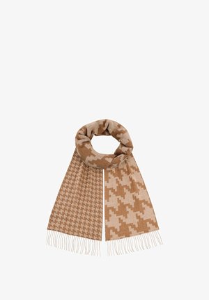 Brązowy szalik w wzór houndstooth, z miękką, tkane teksturą i krótkimi frędzlami, zwinięty w kształt nieskończoności.