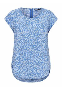 Blusa blu a maniche corte con piccolo motivo floreale bianco, scollo rotondo e chiusura con zip sul retro.