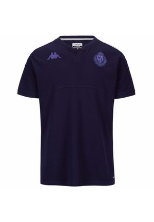 Chemise Kappa bleu marine à manches courtes, deux logos violets sur la poitrine et col boutonné, taille large.