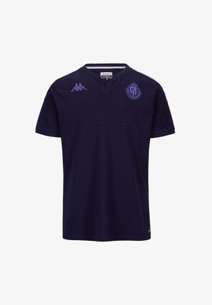 Chemise Kappa bleu marine à manches courtes, deux logos violets sur la poitrine et col boutonné, taille large.