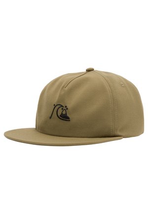 Khaki baseball cap with a flat brim and black wave logo. Made of fabric with a smooth texture and five-panel design.