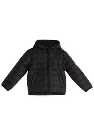 Chaqueta acolchada negra con capucha, cremallera frontal y dos bolsillos diagonales, diseñada para brindar calor y un estilo casual.