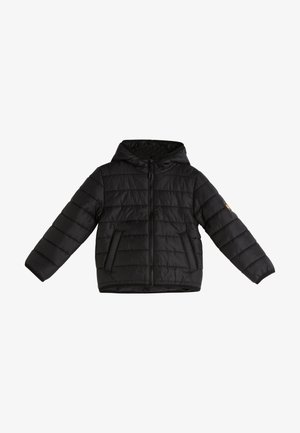 Chaqueta acolchada negra con capucha, cremallera frontal y dos bolsillos diagonales, diseñada para brindar calor y un estilo casual.