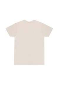 Beige bomulls t-shirt, korta ärmar, rundad halslinning, avslappnad passform, mjukt material. Enfärgad baksida utan synliga mönster eller grafik.