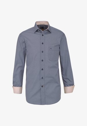 Camicia da uomo a maniche lunghe con bottoni, con piccolo motivo geometrico blu e bianco, colletto interno rosa e dettagli rosa sui polsini.