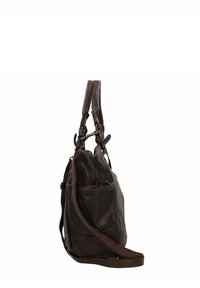 Borsa a spalla in pelle marrone con una superficie liscia, una tasca frontale con zip, due manici corti e una lunga tracolla regolabile.