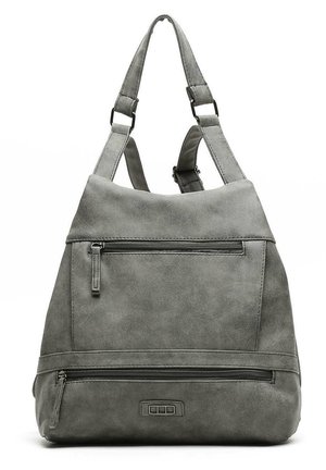 Gray faux suede backpack with two adjustable straps, a zippered front pocket, and a bottom zip closure. Smooth texture, triangular shape.