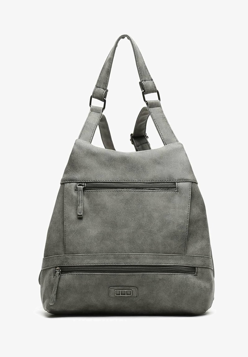 Gray faux suede backpack with two adjustable straps, a zippered front pocket, and a bottom zip closure. Smooth texture, triangular shape.