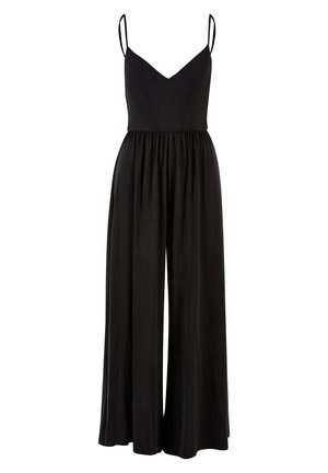 Schwarzer Jumpsuit mit dünnen Trägern, v-Ausschnitt, tailliertem Oberteil und weiten, fließenden Beinen. Aus glattem Stoff mit einem lockeren Schnitt.