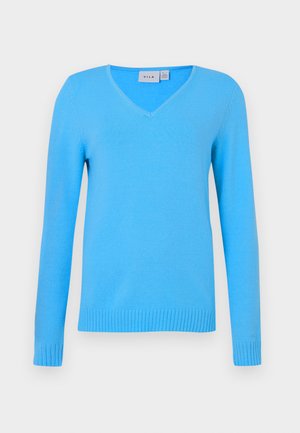 Niebieski sweter z dekoltem w serek, z długimi rękawami, ściągaczami na mankietach i w pasie. Gładka tekstura, wykonany z lekkiego materiału, odpowiedni na co dzień.