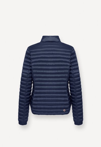 Navy blue lightweight quilted jacket with horizontal stitching, long sleeves, and a stand-up collar, shown from the back.