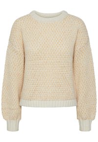 Texturerad stickad tröja i krämfärg med ljusorangea detaljer, med rund halsringning och ribbade ärmslut och nederkant. Mjukt material med avslappnad passform.