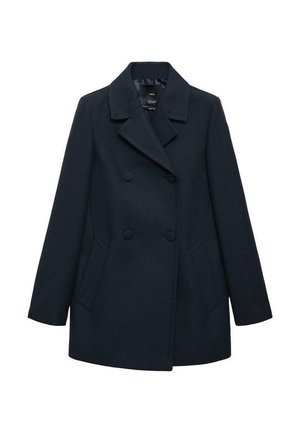 Manteau double boutonnage bleu marine foncé avec col cranté, deux poches avant, tissu texturé et boutons ronds. Doublure intérieure visible.