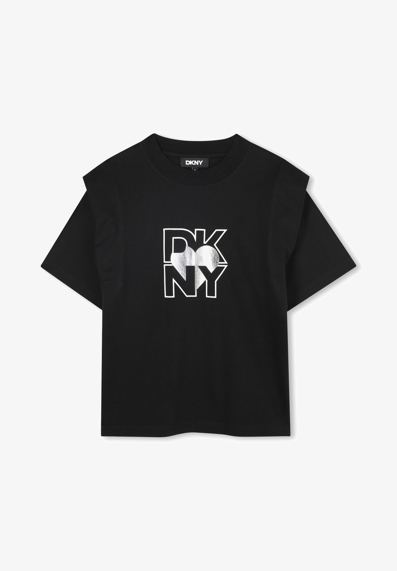 Czarny bawełniany T-shirt z krótkimi rękawami, z srebrnym graficznym logo "DKNY" z motywem serc na środku.