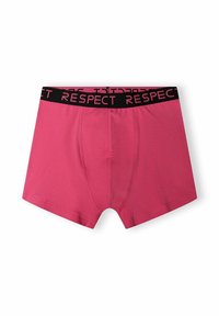 Boxeri din bumbac roz cu un brâu elastic negru pe care este inscripționat cuvântul "RESPECT" în roz aprins. Textură netedă, croială standard.
