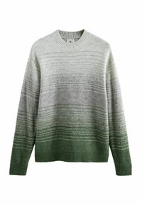 Jersey de punto con un diseño degradado que va del gris claro al verde oscuro, con rayas texturizadas horizontales y un cuello redondo ribeteado en el dobladillo.