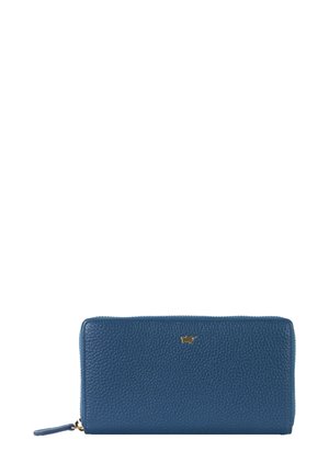 Portafoglio in pelle blu con finitura testurizzata, un'elegante accentatura dorata e chiusura con zip. Presenta una forma rettangolare e una zip laterale.