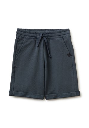 Dunkelgraue elastische Shorts mit Kordelzug, Seitentaschen und umgeschlagenen Säumen, flach auf weißem Hintergrund liegend.