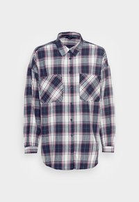 Camicia a quadri nei colori blu navy, bianco e rosso. Presenta due tasche sul petto, un colletto e maniche lunghe con polsini abbottonati. Materiale in cotone.