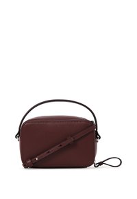 Rectangular burgundy leather bag with a curved top, top handle, and a detachable strap. Smooth texture with stitching details and metal hardware.