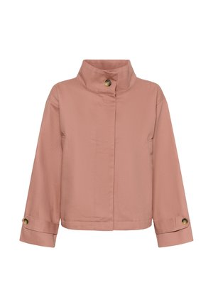 Veste courte rose clair avec col haut et fermeture à boutons sur le devant, avec poignets boutonnés aux manches longues.