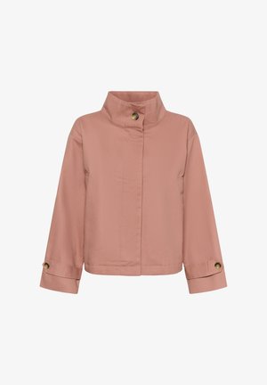 Világos rózsaszín, rövidített dzseki magas gallérral és elején gombos záródással, hosszú ujjakon gombos mandzsettákkal.