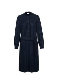 Mörkblå långärmad klänning med vertikala ränder, volangkrage, knäppning framtill och matchande bälte i midjan. Mjuk tygkänsla.