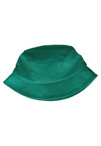 Groene vissershoed van textuurstof, met een ronde kroon en een brede, slappe rand, voorzien van een verticale geribbelde structuur.