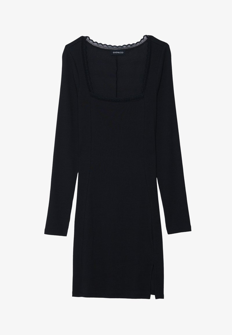 Black long-sleeve dress with a square neckline, lace trim detail, and side slit, made from a textured fabric, designed for a fitted silhouette.