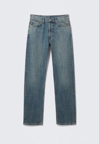 Blue straight-leg denim jeans with front and coin pockets, belt loops, and a metal button closure on a plain background.