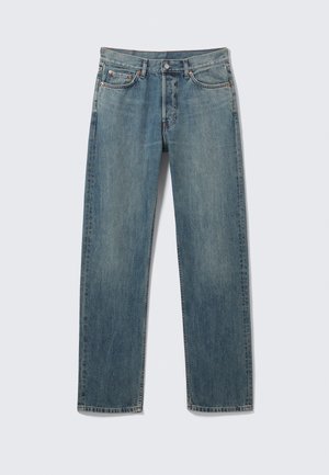 Blue straight-leg denim jeans with front and coin pockets, belt loops, and a metal button closure on a plain background.