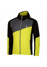 Herrenjacke mit einer Kombination aus schwarzen, grauen und leuchtend gelben Einsätzen, mit Reißverschluss und Kapuze. Geprägter, gepolsterter Oberbereich.