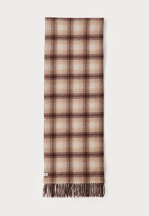 Écharpe à carreaux marron et beige en tissu doux, avec des bords à franges et une texture lisse, présentant un motif quadrillé sur toute sa surface.