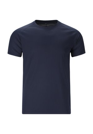Navy blue short-sleeve crew neck T-shirt with a smooth, slightly textured fabric and a regular fit.