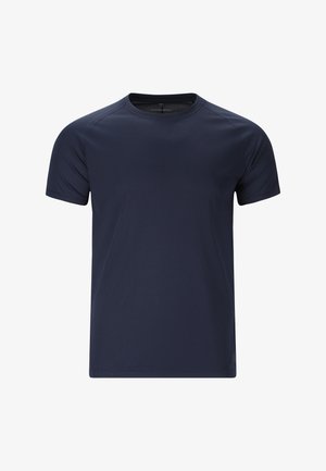 Mørkeblå T-shirt med korte ærmer og rund hals, lavet af en glat, let tekstureret stof med en almindelig pasform.
