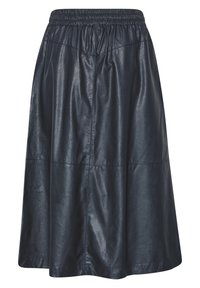 Jupe en cuir bleu foncé à texture lisse, taille élastiquée et silhouette en A, avec des coutures verticales et une coupe au genou.