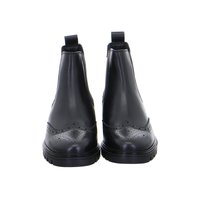 Czarne skórzane buty Chelsea z ażurowym zdobieniem, elastycznymi bokami, pętlami do zakładania i masywnymi gumowymi podeszwami, widziane z przodu.