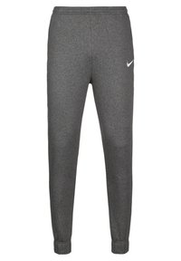 Dark gray Nike sweatpants with elastic waistband and cuffs, featuring a small white Nike swoosh on the right thigh.