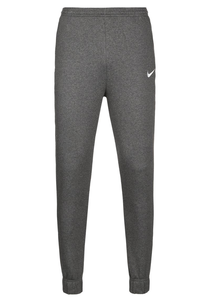 Dark gray Nike sweatpants with elastic waistband and cuffs, featuring a small white Nike swoosh on the right thigh.