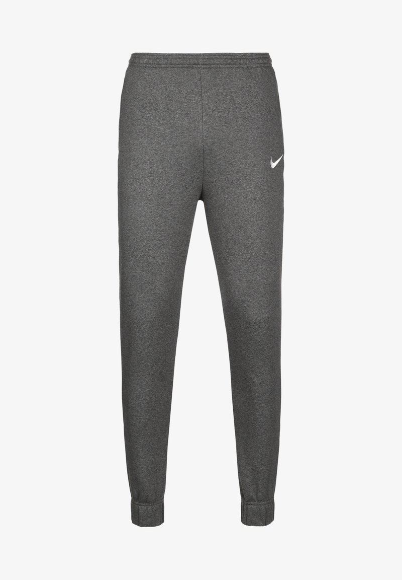 Dark gray Nike sweatpants with elastic waistband and cuffs, featuring a small white Nike swoosh on the right thigh.