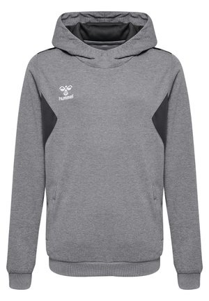Grauer Kapuzenpullover mit schwarzen Akzenten, ausgestattet mit einem Logo auf der Brust, langen Ärmeln und einem strukturierten Stoff. Enthält Kängurutaschen.