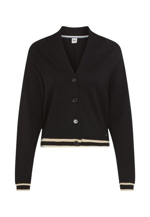 Schwarze Strickjacke mit V-Ausschnitt, fünf Knöpfen und einem kontrastierenden Saum mit creme- und schwarz gestreiftem Muster. Lange Ärmel mit gerippten Bündchen.