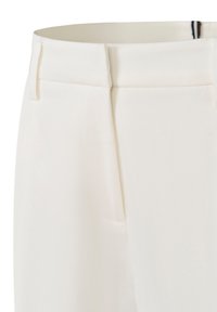 White tailored trousers with a smooth texture, featuring a flat front, side pockets, and a clean waistband design.